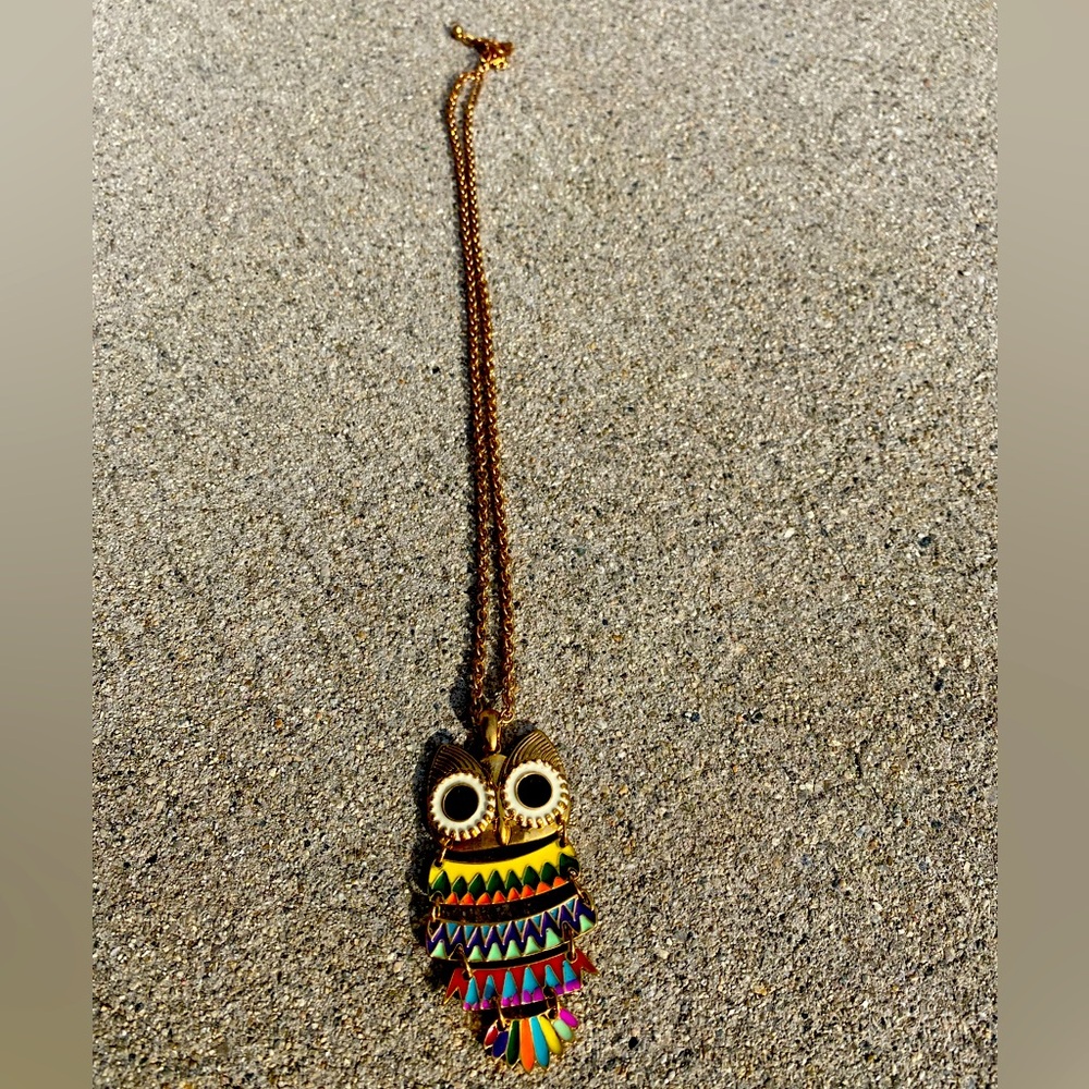 Vintage Neckless & Cloisonné Owl Bird Colorful Rhinestone Eyes